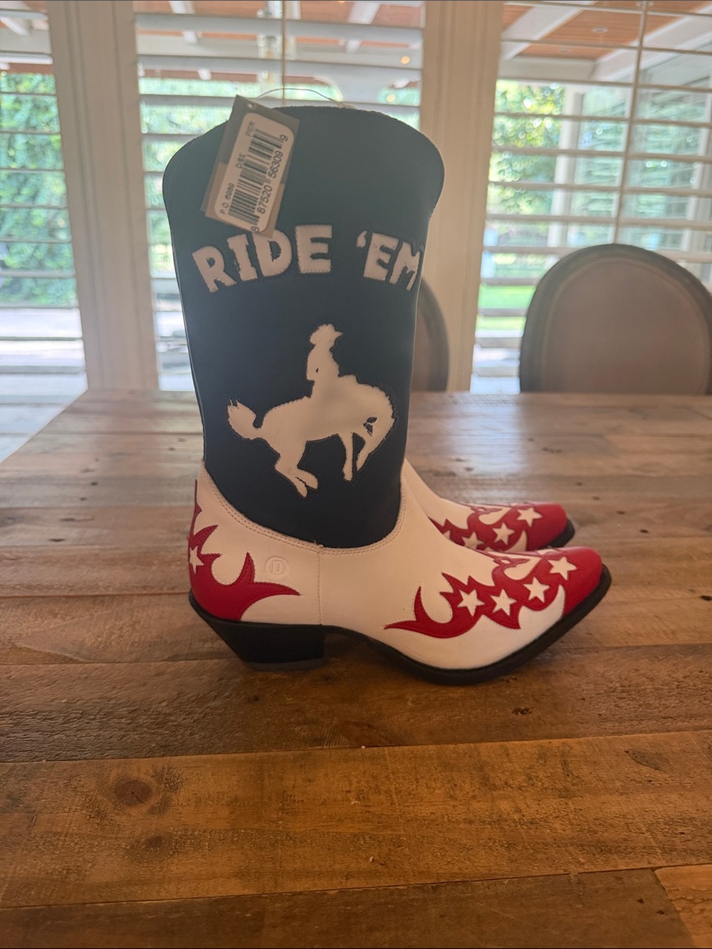 Dingo Navy, White & Red Western Boots with Star Flame Design